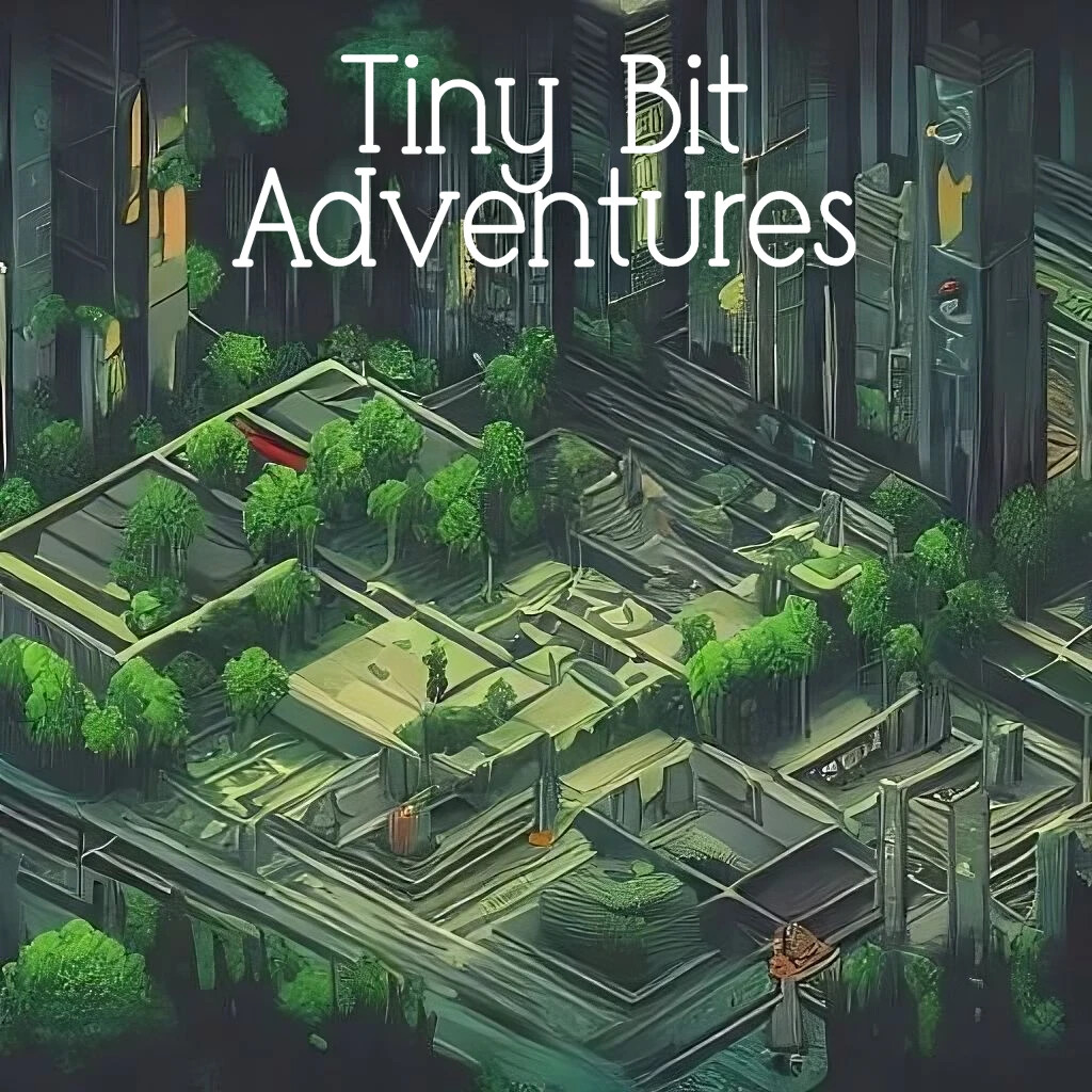 The Tiny Bit Adventures album cover: the title over a green forest city seen from above