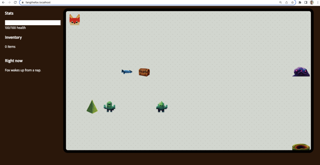 The first Fang the Fox prototype from 2022: a stats panel and a plain board with Fang, fish, a chest and monsters