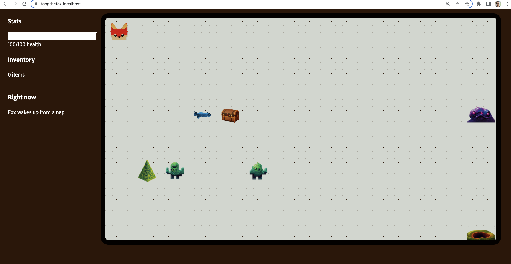 The first Fang the Fox prototype from 2022: a stats panel and a plain board with Fang, fish, a chest and monsters