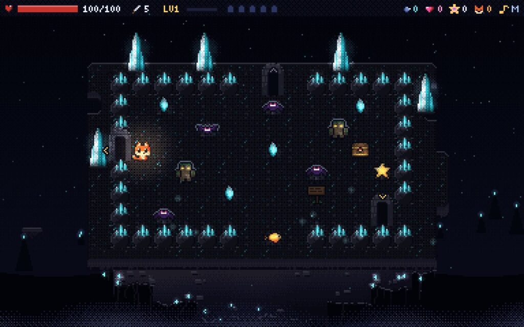 A dark cave lit by glowing cyan crystals