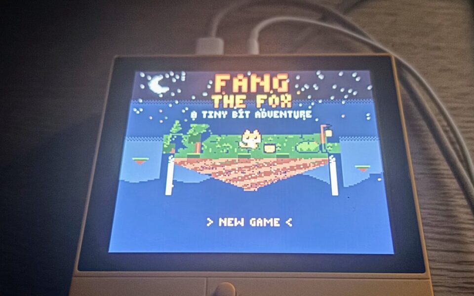 Fang the Fox's Game Boy Color title screen on a Retroid Pocket handheld