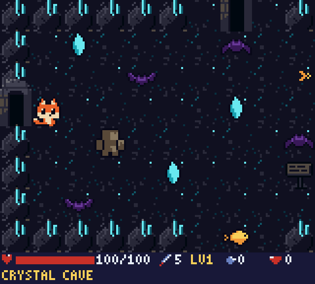 A dark cave lit by glowing cyan crystals, with bats and a golem