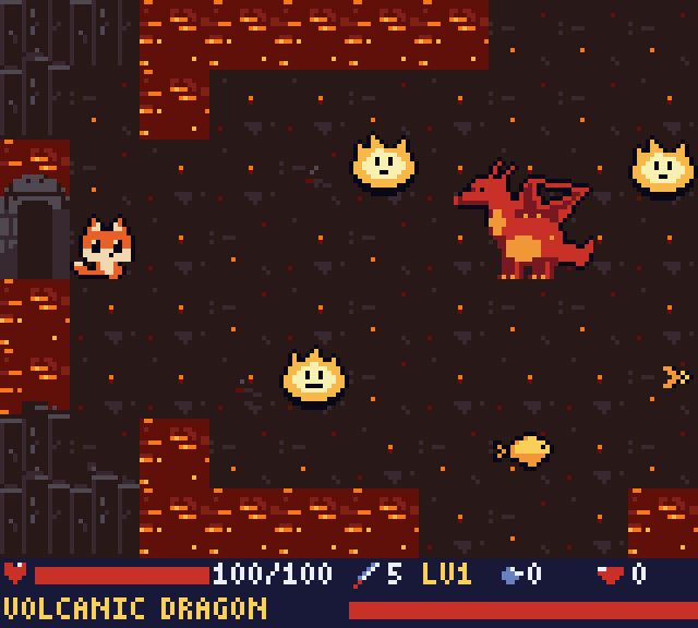 The Volcanic Dragon and fire spirits among rivers of lava