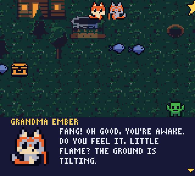 Grandma Ember talking to Fang in a dialogue box with her portrait