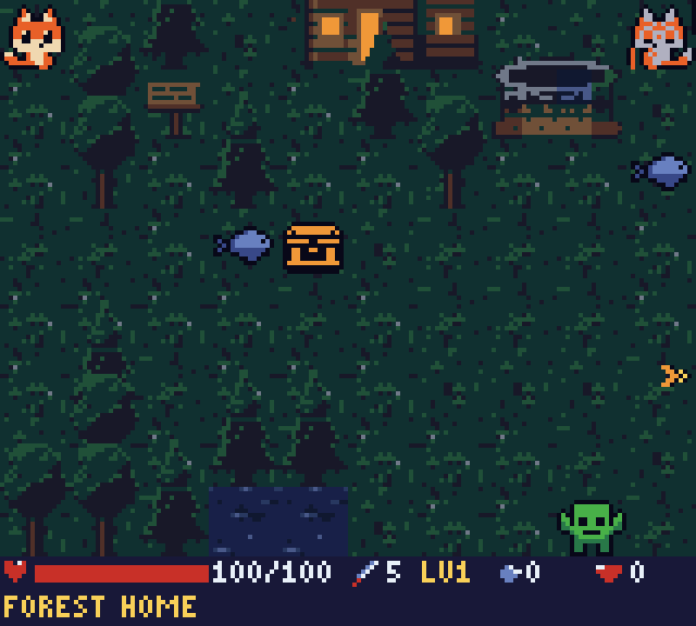 Fang at home, with Grandma by the cottage, a chest and fish on the grass