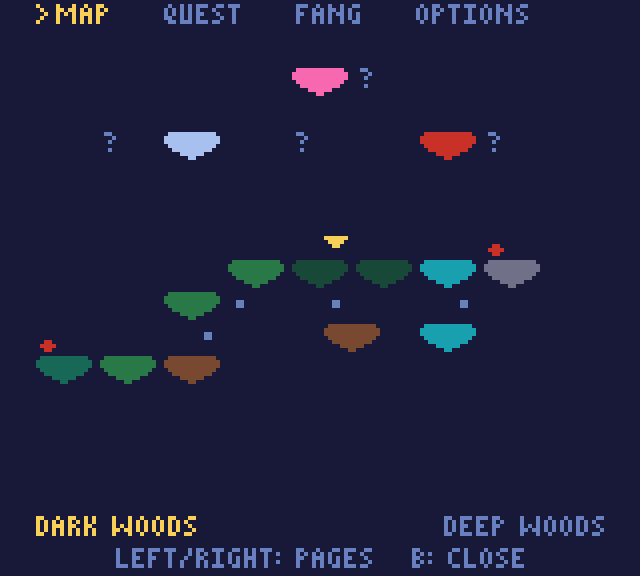 The pause screen world map, with the islands Fang has seen