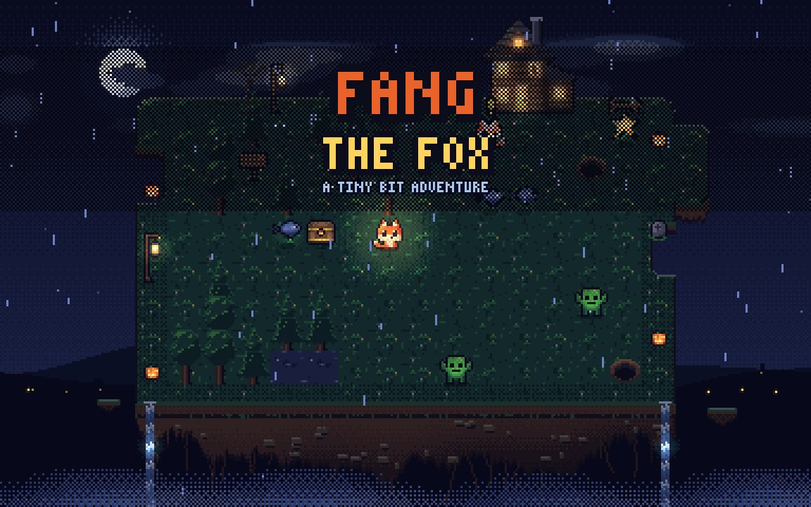 Fang the Fox title screen: Fang on a floating island at night, with Grandma's cabin behind