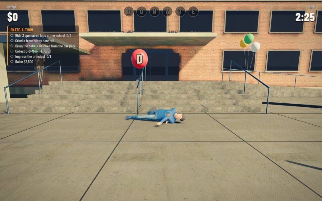 The Dev lies flat on the concrete at the foot of the school steps after a slam