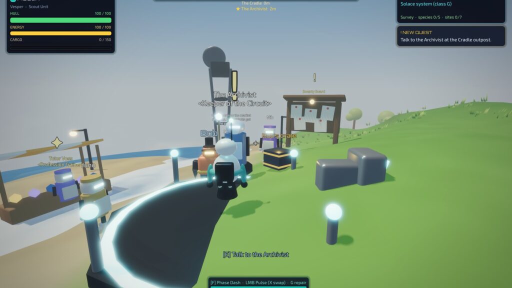 Star Circuit: two players' robots and a dropped crate at the Cradle outpost