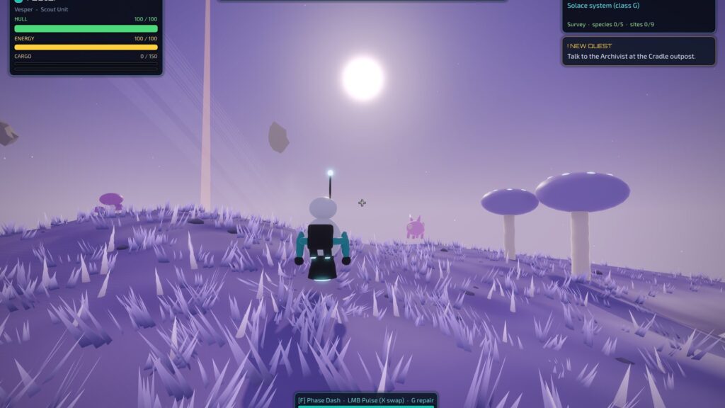 Star Circuit: a robot on a violet crystal world at sunset, under giant mushrooms
