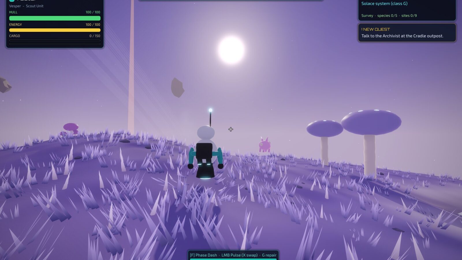 Star Circuit: a robot on a violet crystal world at sunset, under giant mushrooms