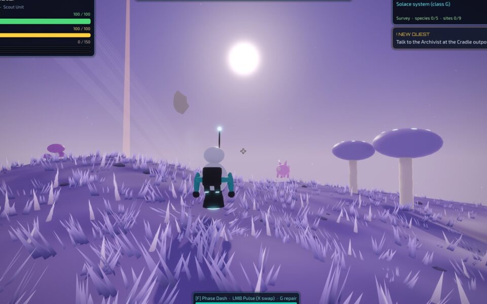 Star Circuit: a robot on a violet crystal world at sunset, under giant mushrooms