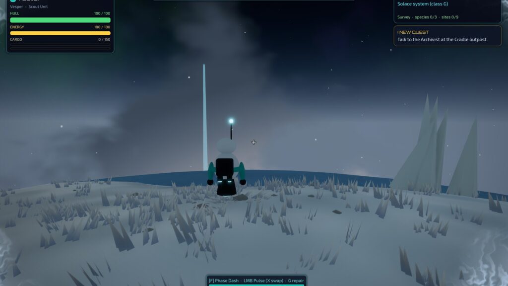 Star Circuit: a robot on an icy glacial world at night, with a relay beam in the distance