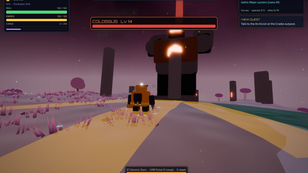Star Circuit: a Colossus Titan splitting the ground into glowing lanes in its stone ring