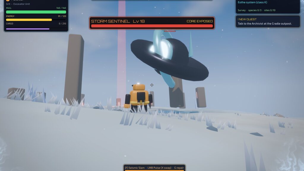 Star Circuit: the Storm Sentinel Titan kneeling low with its core exposed on a glacial world