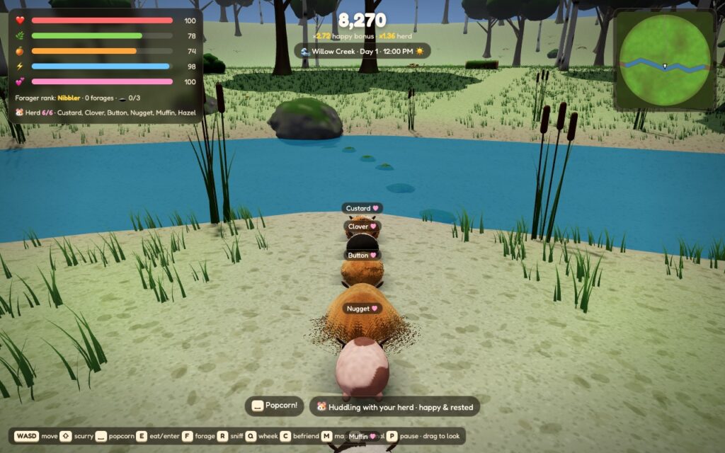 A herd of guinea pigs by the stepping stones across Willow Creek, with cattails on the bank