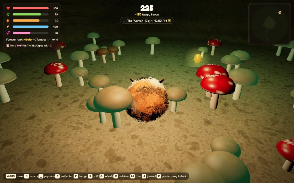 A guinea pig among glowing mushrooms in the Mushroom Hall, a hidden chamber of the warren, with a golden curio glinting