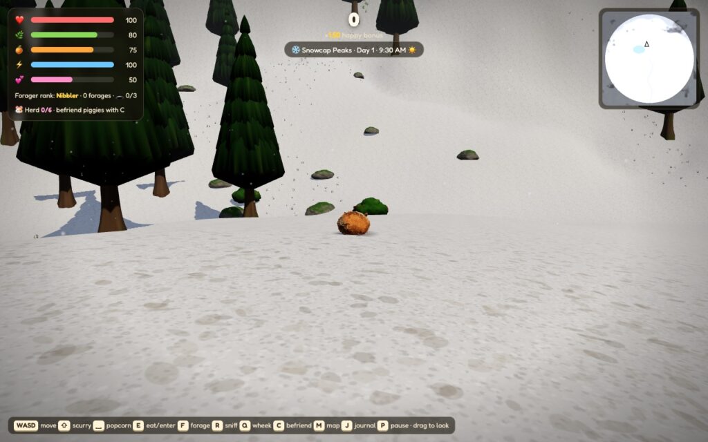 A guinea pig on a snowy slope among frosted pines in Snowcap Peaks, with snow falling
