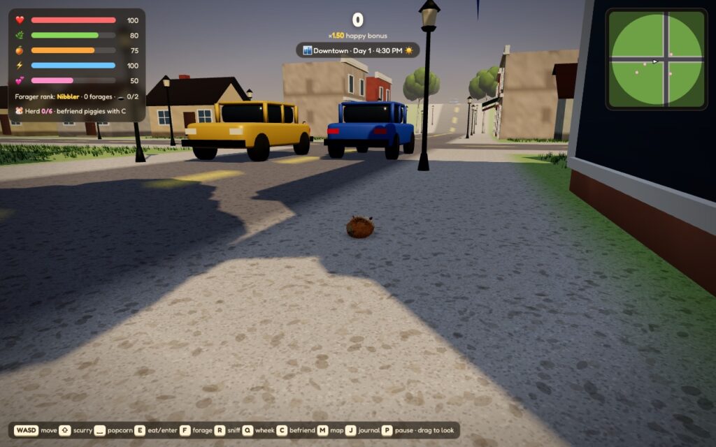 A guinea pig on the sidewalk of Main Street downtown, with shops, a street lamp and cars on the road