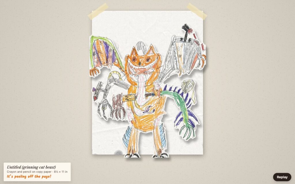 The cat beast peeling off the page as its crayon outline lifts away from the paper