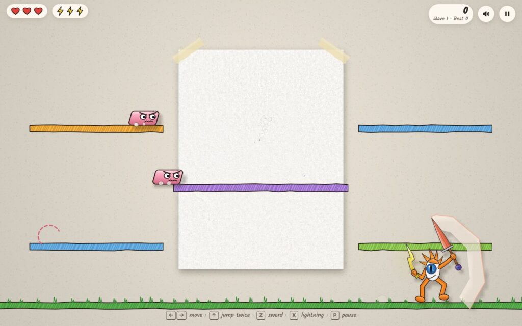 Eyeball Knight swings his red sword as pink erasers hop along the crayon ledges around his page
