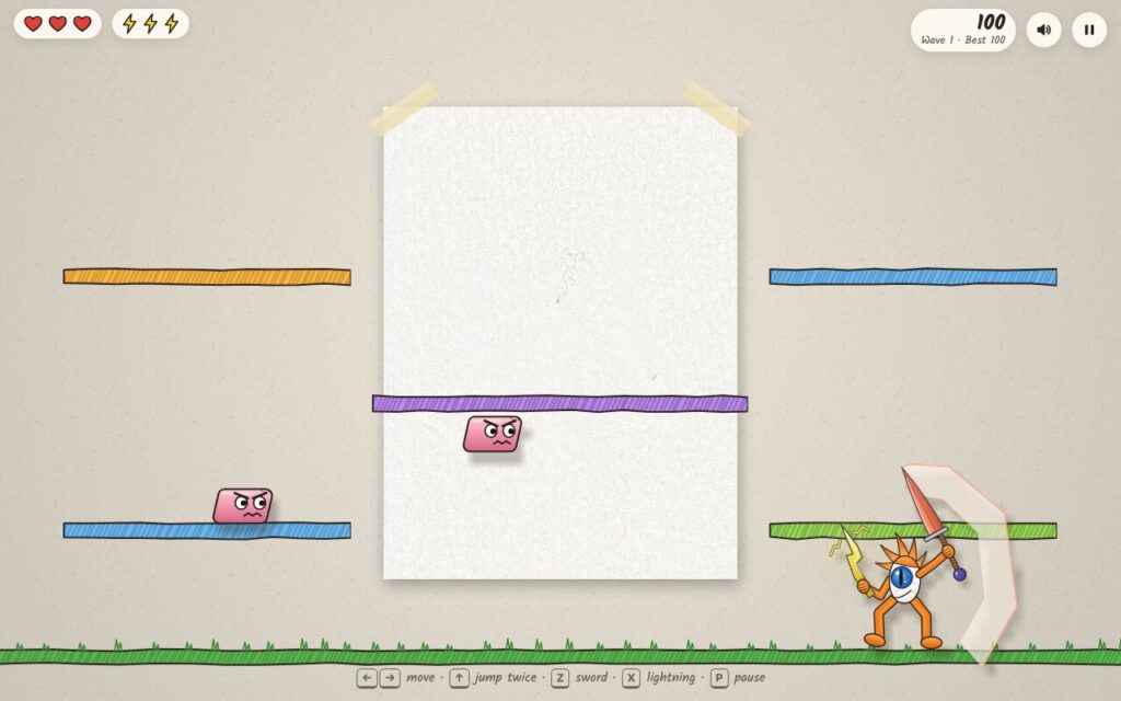 Wave clear! Eyeball Knight on the crayon grass after beating the first wave of erasers