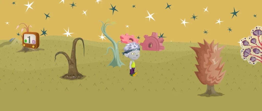 A Glitch in Groddle Ladder in Ix, under a starry yellow sky with strange trees