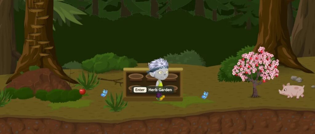 A Glitch beside an herb garden on Hechey Track, with a fruit tree and a piggy