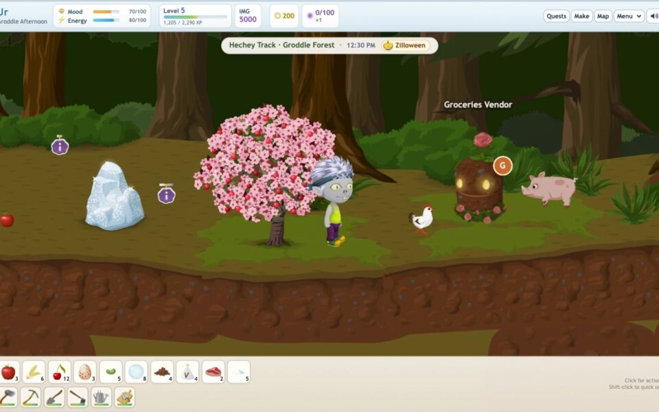 A Glitch beside a pink fruit tree on Hechey Track in Groddle Forest, with a chicken, a piggy and a snowy rock