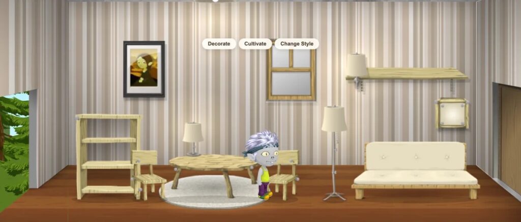A decorated house with wallpaper, furniture and a reading lamp