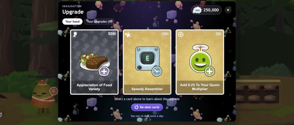 The imagination shop: three upgrade cards to choose from