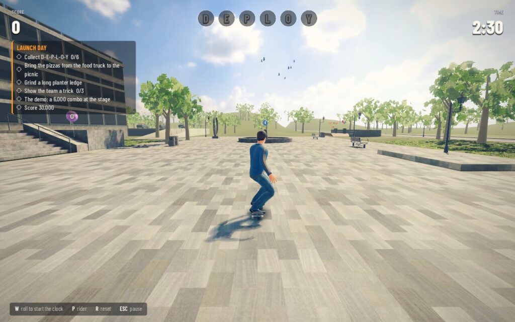 The Dev rolls across Hilltop Tech's plaza, the office and its stair rails on the left