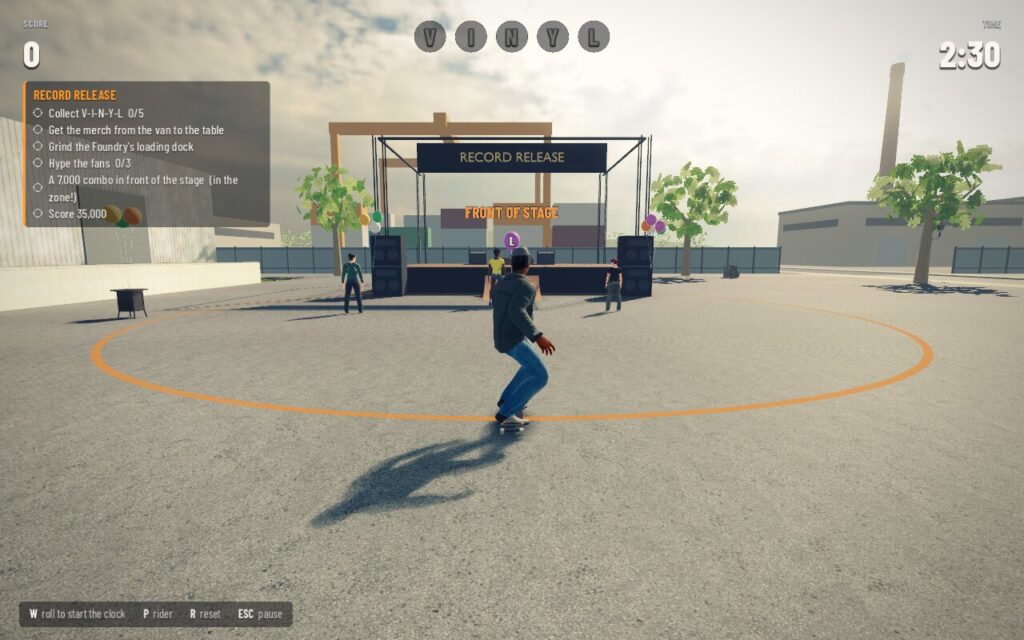 The Musician skates up to the record release stage, fans in front of it and the warehouse district behind