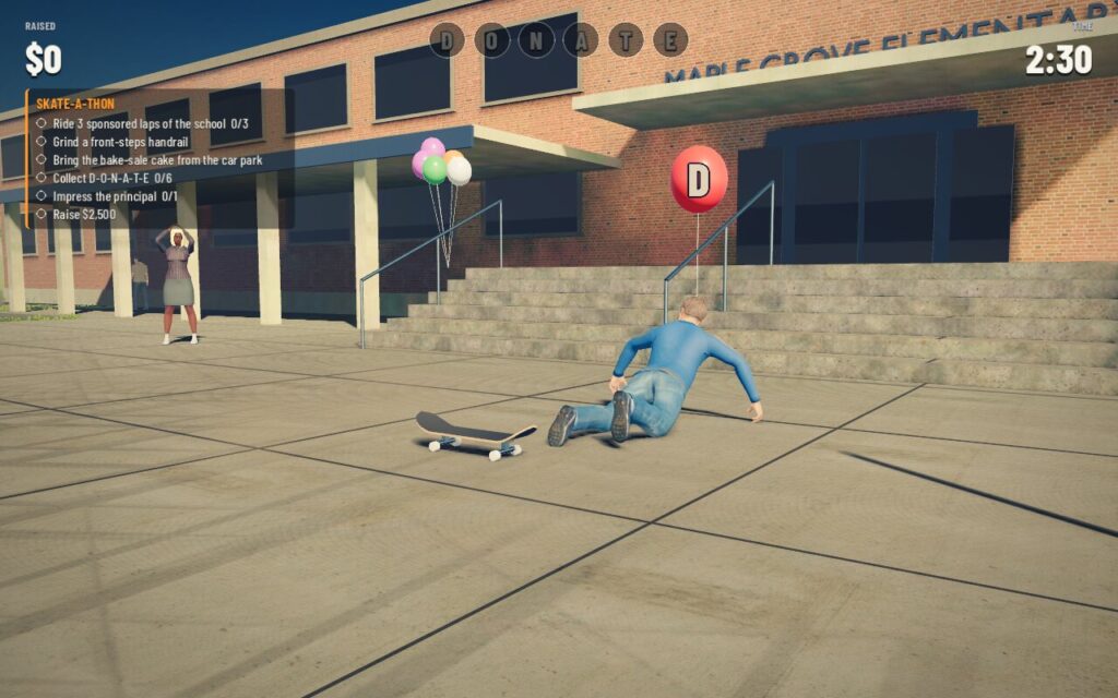The Dev goes down at the foot of the school steps, hands out to catch the fall, while the board rolls off on its own and a bystander winces