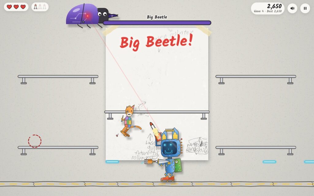 The laser pointer locks onto the Big Beetle as a missile flies and the patchwork cat leaps after the red dot