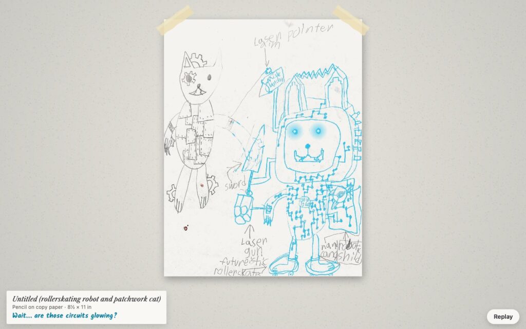 The pencil robot's circuits glow blue across the page and his eyes light up