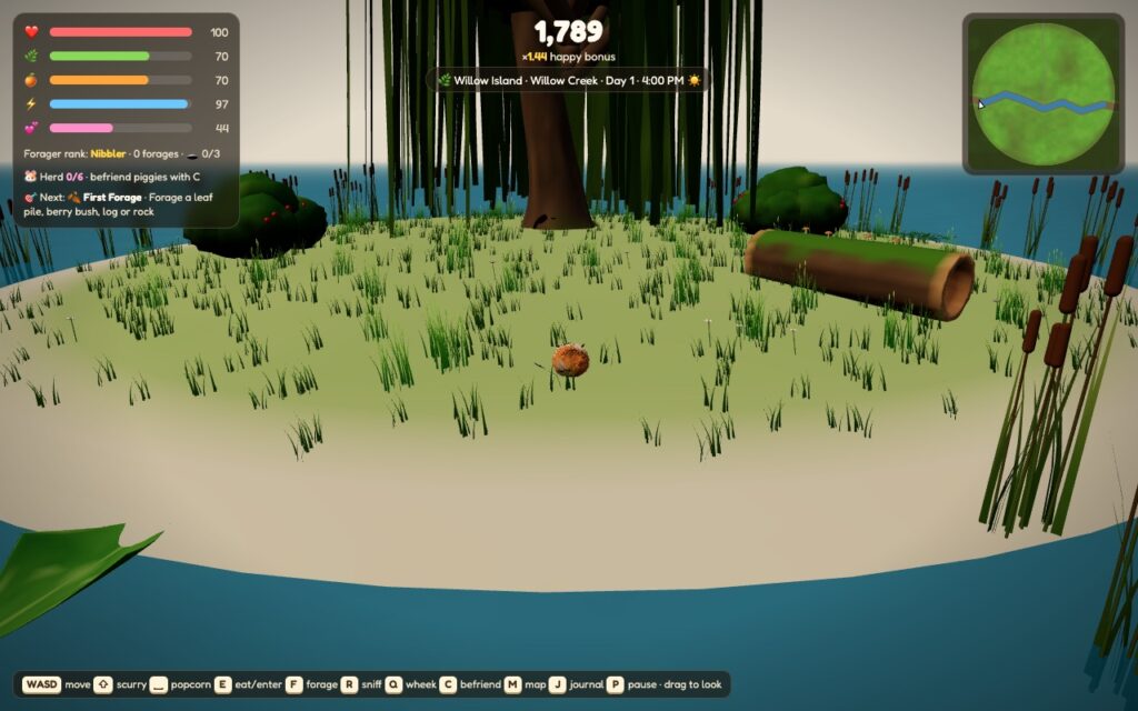 Willow Island: a little grassy islet with a giant weeping willow, a driftwood log and cattails, and a guinea pig exploring