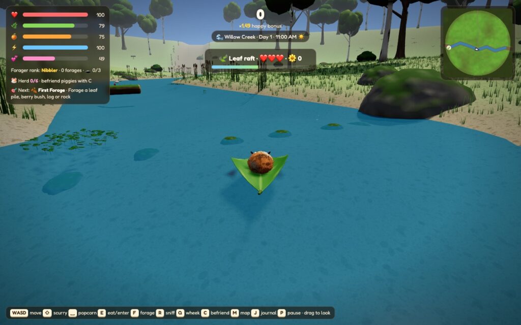 A guinea pig riding a big green leaf down Willow Creek past the stepping stones, with the leaf raft hearts and progress bar at the top
