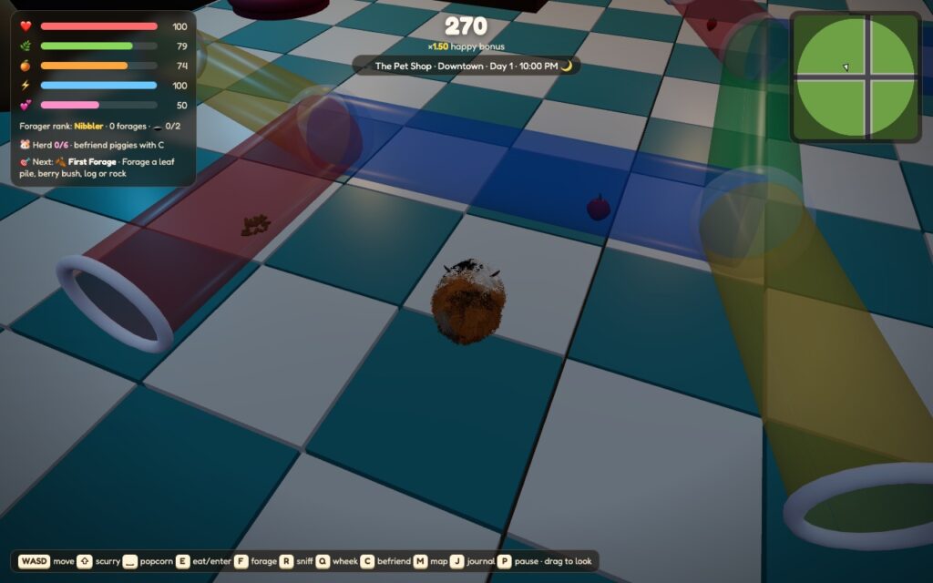 Inside the pet shop at night: a guinea pig on the checkered floor beside colourful see-through tubes with treats tucked inside