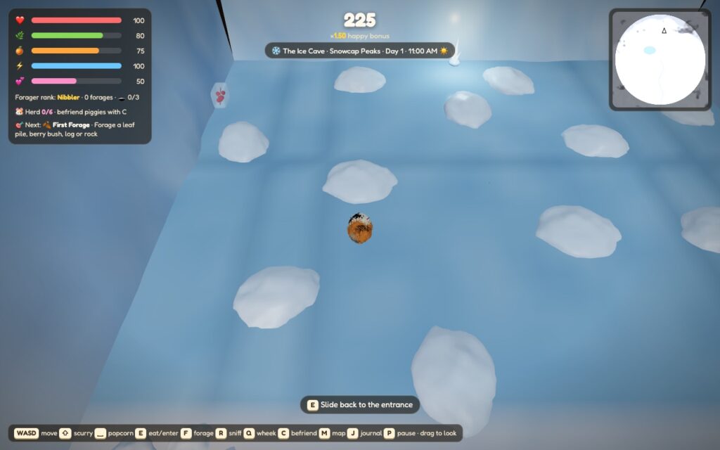 Inside the ice cave: a guinea pig sliding across a glassy ice floor between frosted boulders, a sprig of berries frozen in the wall