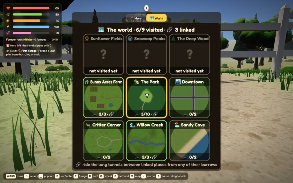 The world map: the nine places as they lie, each drawn from its own terrain, with burrows found and the places linked by long tunnels
